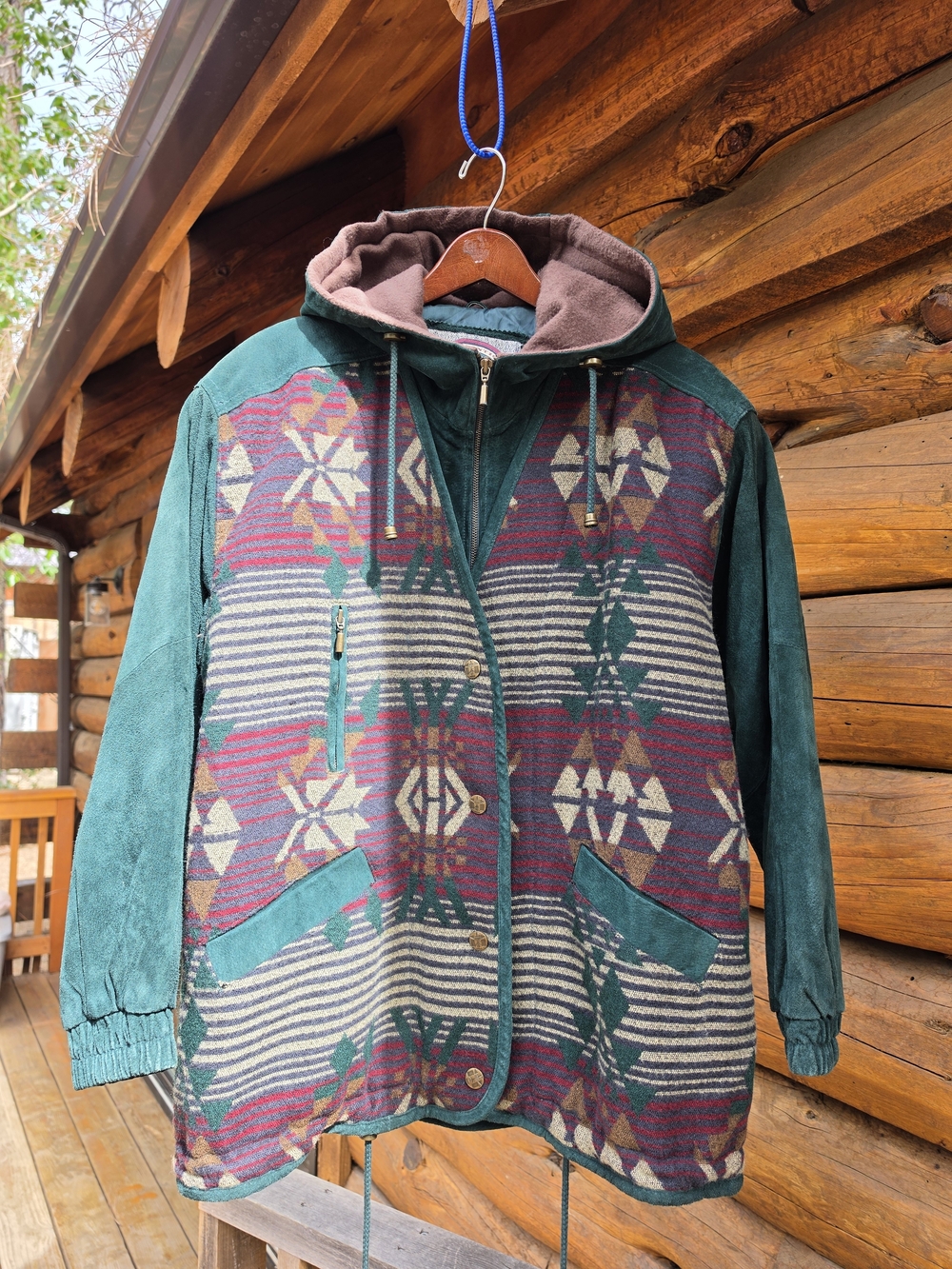 Vintage 90s Bad Lands Southwestern Suede Blanket Hooded Ranch Jacket Men's L